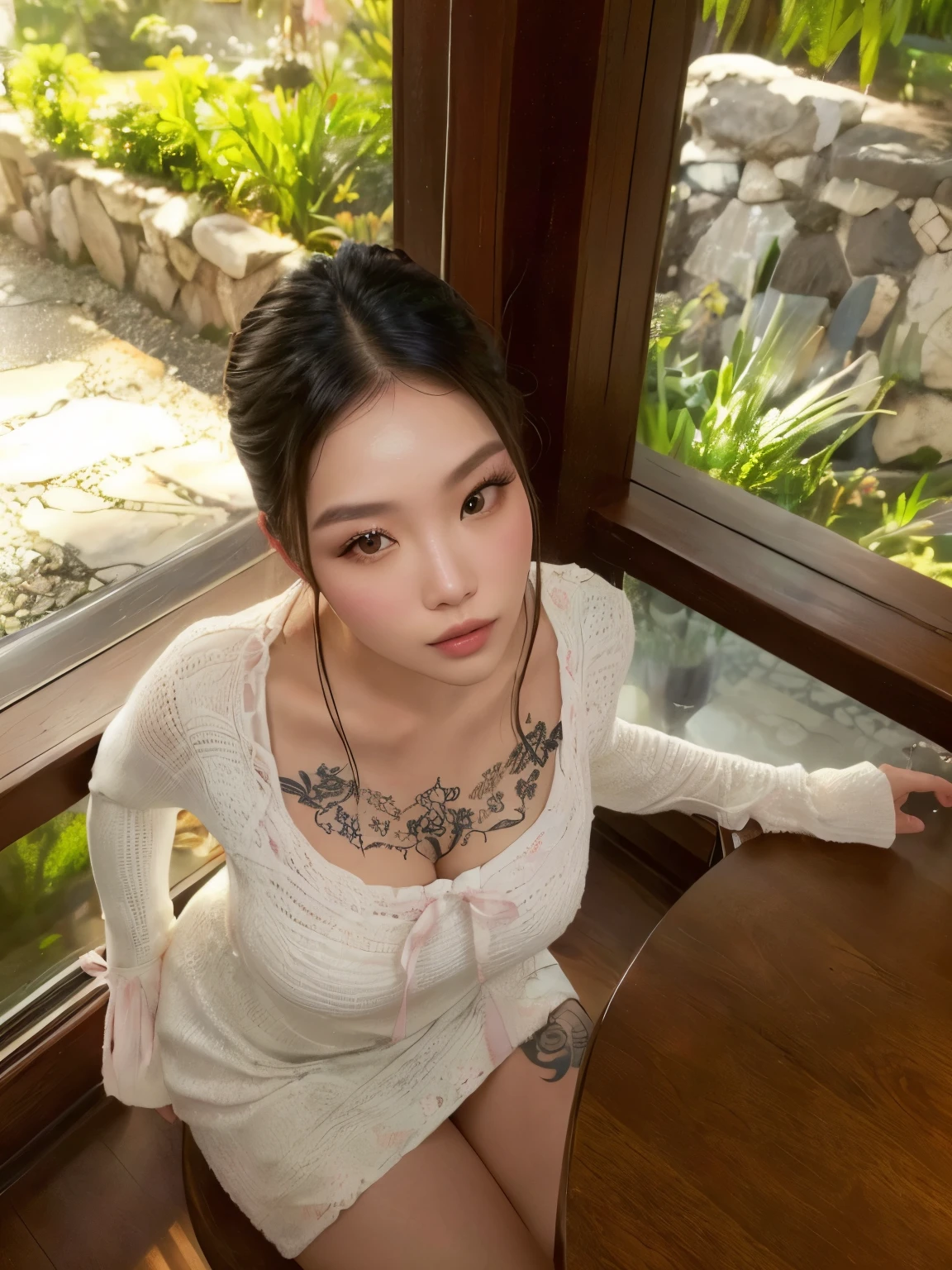 Naked Chinese girl with breasts and very big breasts and elongated eyes with a sexy and athletic body and gold chains and a lot of make-up with red lips and long eyelashes under heavy rain drops and tall and tattooed body and spread legs big legs and hairless armpits and tattooed belly and big ass and big thighs