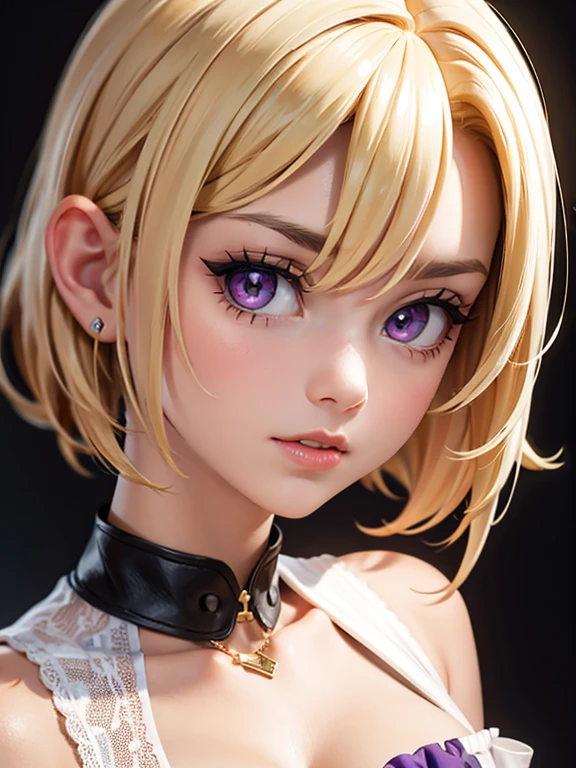 (masterpiece)(high resolution)(only face)(close-up)(elegant)(single 22-year old girl)(short hair)(blonde hair)(flared hair)(purple eye pupils)(cute)(big smile)(nose ring)(shiny lip gloss)(shiny cheeks)(t-shirt)(evening)