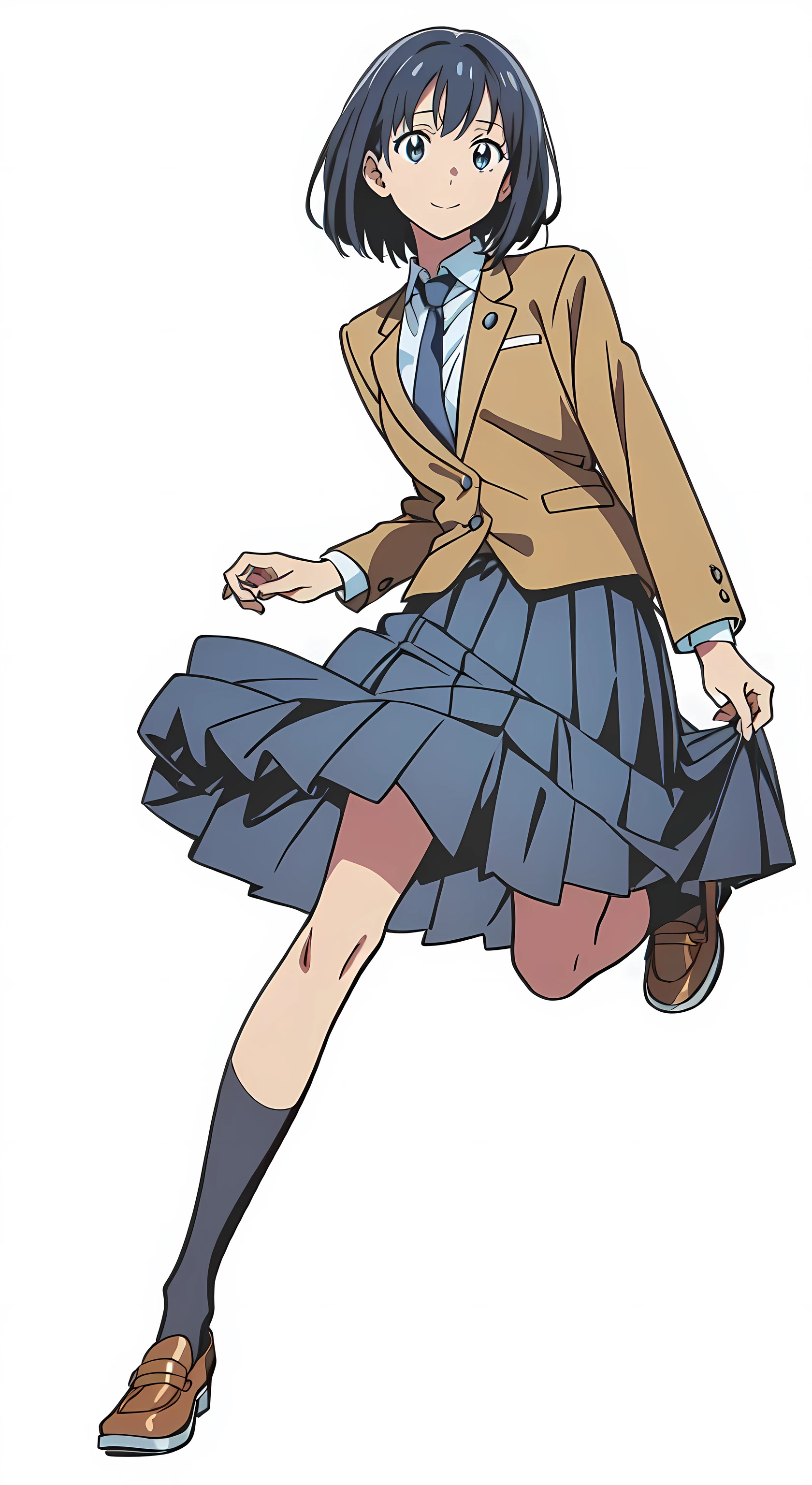 (tareme:1.5), (tareme:1.5), (cheerful:1.5), (white background:1.0), (best quality:1.0), (masterpiece:1.0), (super fine illustration:1.0), (beautiful artwork:1.0), (anime screencap:1.0), (official art:1.0), (full body:1.0), (solo:1.0), (HSGA:1.0), (a 18yo cute girl:1.0), (long skirt:1.0), (dark blue skirt:1.0), (pleated skirt:1.0), (school uniform beige blazer:1.0), (dark blue necktie:1.0), (loafers:1.0), (black socks:1.0), (ideal ratio body proportions:1.0), (lanky:1.0), (tall:1.0), (slender:1.0), (small breasts:1.0), (smaller face:1.0), (tareme:1.0), (detailed beautiful eyes:1.0), (detailed beautiful face:1.0), (glowing black eyes:1.0), (bob cut hair:1.0), (black hair:1.0), (standing:1.0), (looking at viewer:1.0)