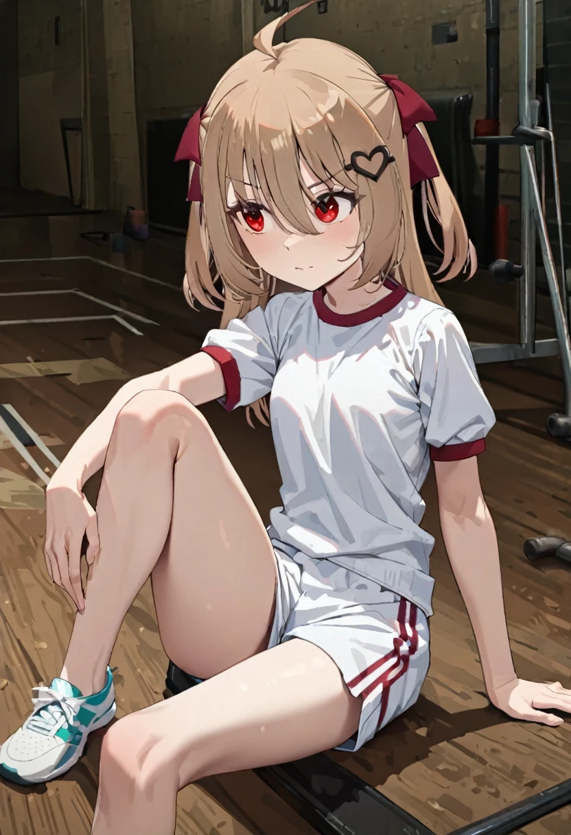 1girl, evil neuro-sama, red eyes, light brown hair, ahoge, two side up, hair ribbon, dark red ribbon, heart hair ornament, (masterpiece, best quality), highly detailed, finely detailed, gym uniform, indoors, sitting, knee up, school, 