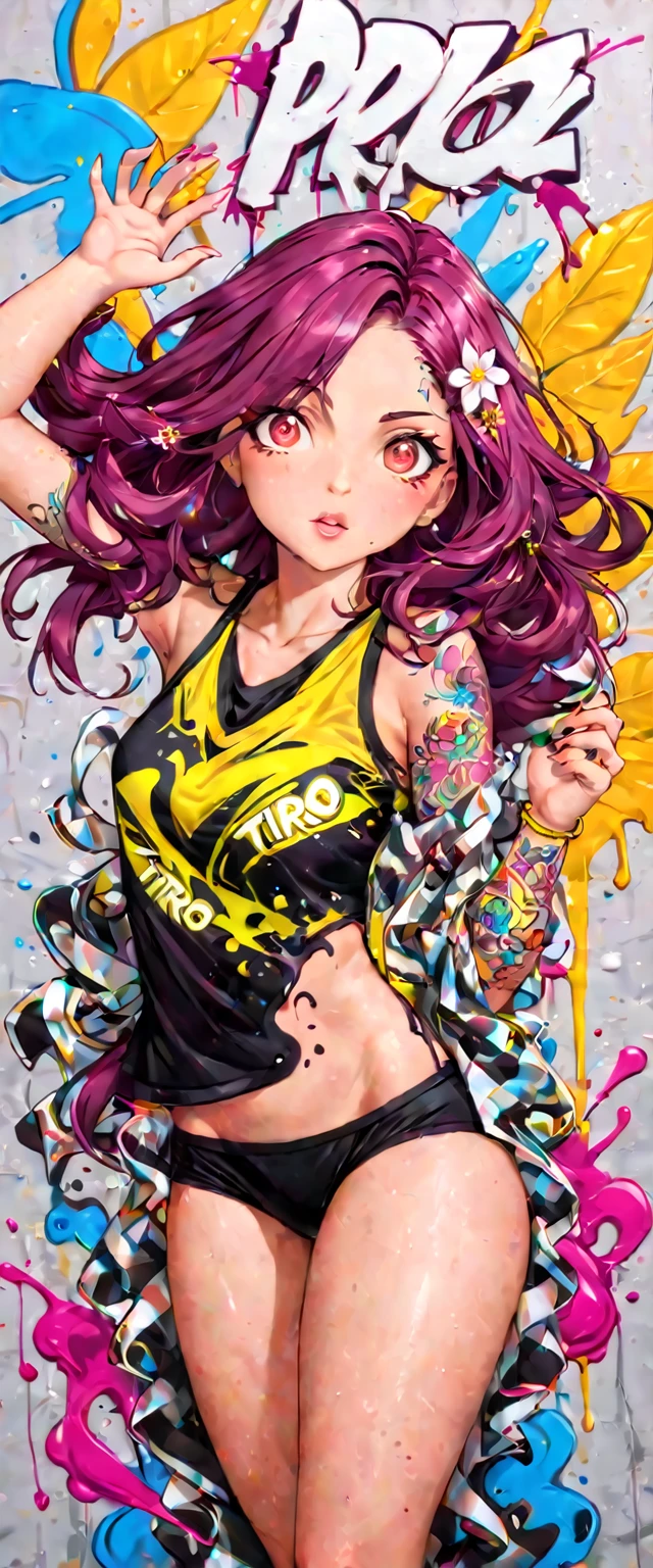 ((tiro largo, cuerpo completo: 1.6)), cian:1.4, marron:1.2, purpura:1.2, amarillo:1.4, magenta:1.6, (chica rapera con cabello aterrador, ojos y cuerpo muy detallados y hermosa ropa holgada y moderna :1.6), tatuajes, (paredes con graffiti: 1.2), flor, hojas, nacido en la niebla, lines, apoyada en la pared con una pintura en aerosol en la mano, action pose, 32K.