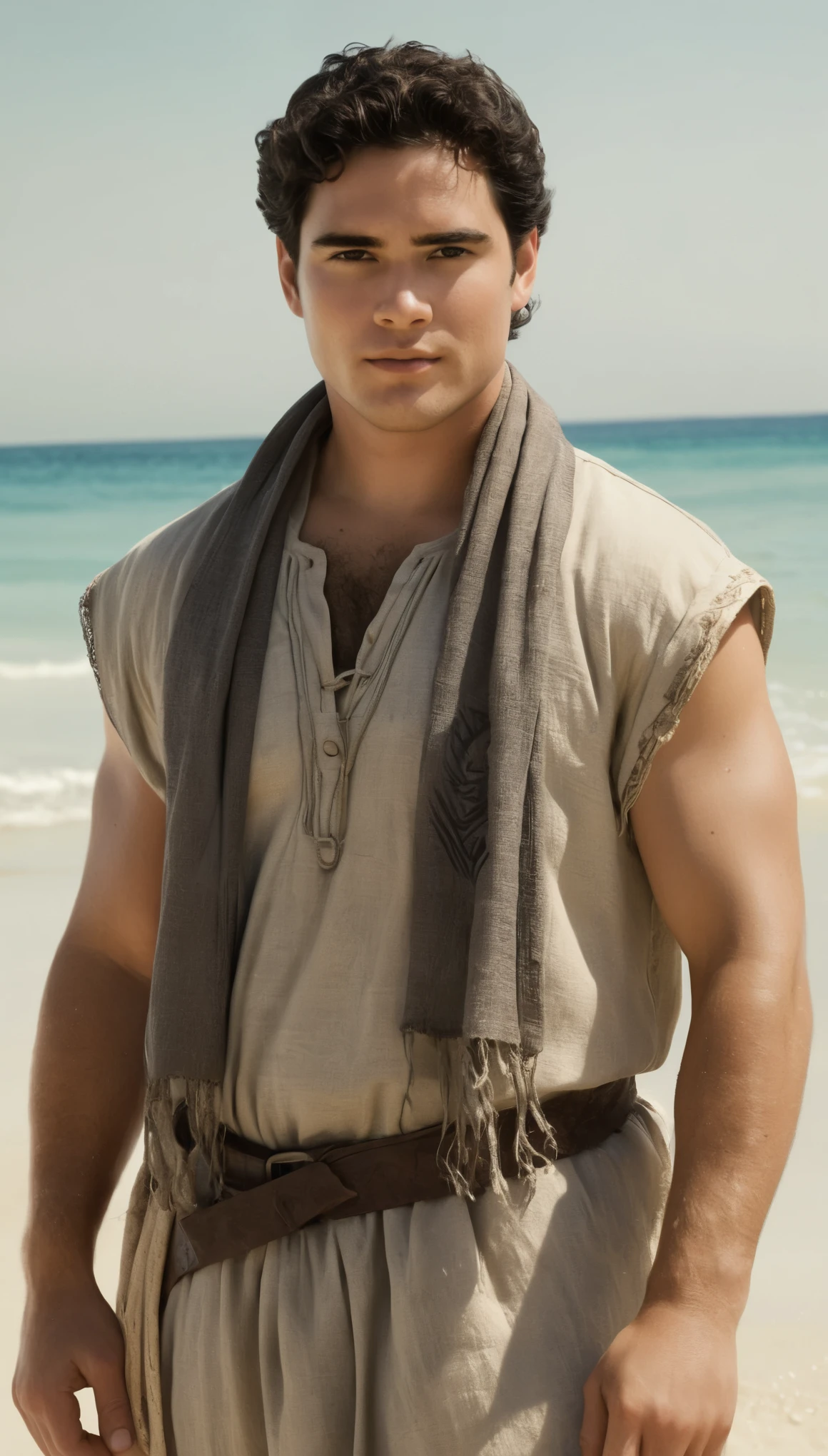 An illustrated movie poster, hand-drawn, full color, a male ranger, 22 years-old, resembles Dean Cain, wearing a linen tunic and a shemagh scarf, fair skin, stocky physique, deep brown eyes, wide bulbous nose, black hair, curly quiff, thick bushy eyebrows, extremely hairy chest, stomach, and arms, lots of body hair, posing on a tropical beach, hard shadows, graphite shading, stencil markings, airbrushed acrylic paint, masterpiece, in the style of Lord of the Rings