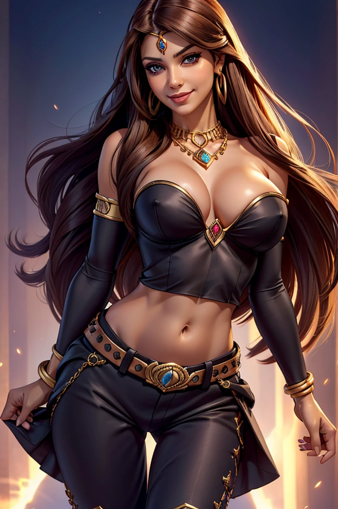 1woman 30year old, solo, long straight hair, looking at viewer, navel, cleavage, bare shoulders, detailed eyes, shy smile,jewelry, medium breasts, earrings, midriff, belt, bodystocking,necklace, bracelet, lips, armlet, ((dynamic pose)), ((dynamic angle)),