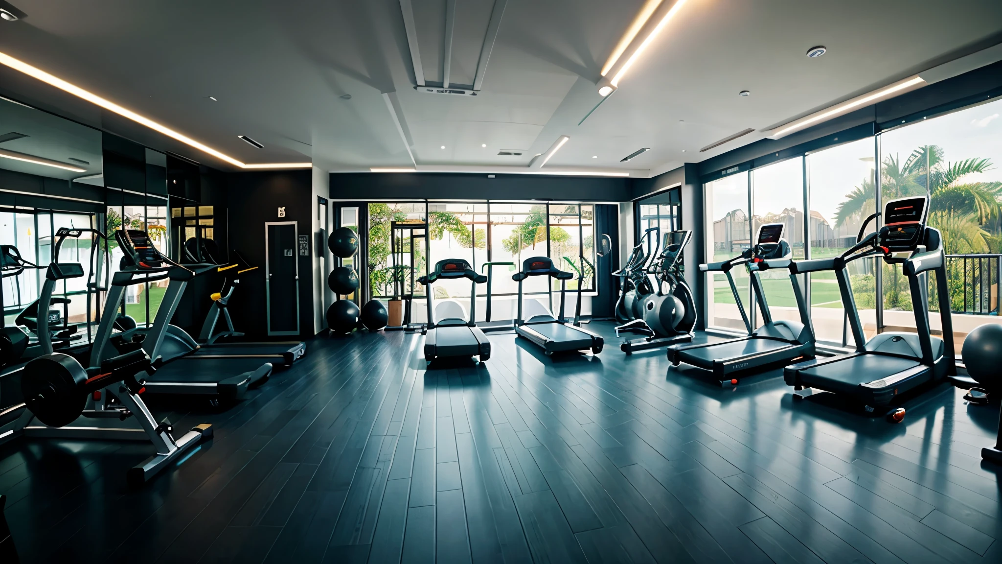a spacious gym, with weight machines in the background, ambiente iluminado, very realistic sharp image