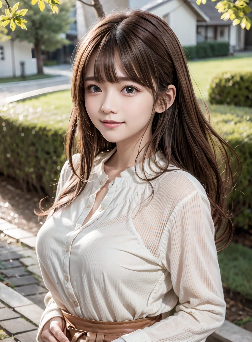 (highest quality:1.3), Highly detailed CG Unity 8k wallpaper, 32K, Realistic, Ultra-high resolution RAW photos, Beautiful and clear face, White skin, Real Skin, Finely textured fabric, Detailed hair texture, Perfect body, Beautiful Features, Accurate fingering, Anatomically correct, Highly detailed face and skin texture, One Girl, cute,Brown Hair、((Curly Hair、Red eyes、Droopy eyes:1.2))、Shiny and smooth hair, Thick bangs、(Bright smile:1.2), Spring outfit、Cherry tree、Spring Sunshine、spring breeze、