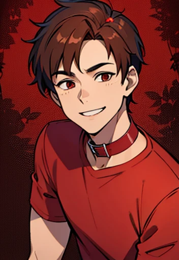 Human Male, Brown hair, wearing red shirt, wearing  Thorns dog Collar , Smile ,