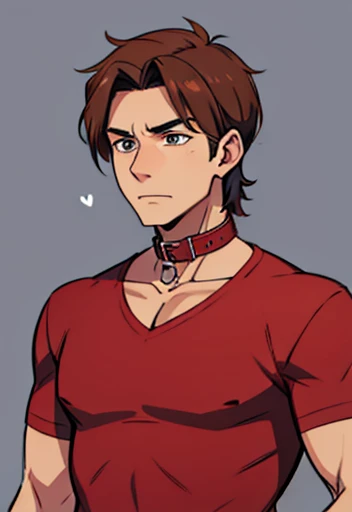 Concept ART,Human Male, Brown hair, wearing red shirt, wearing dog Collar , 