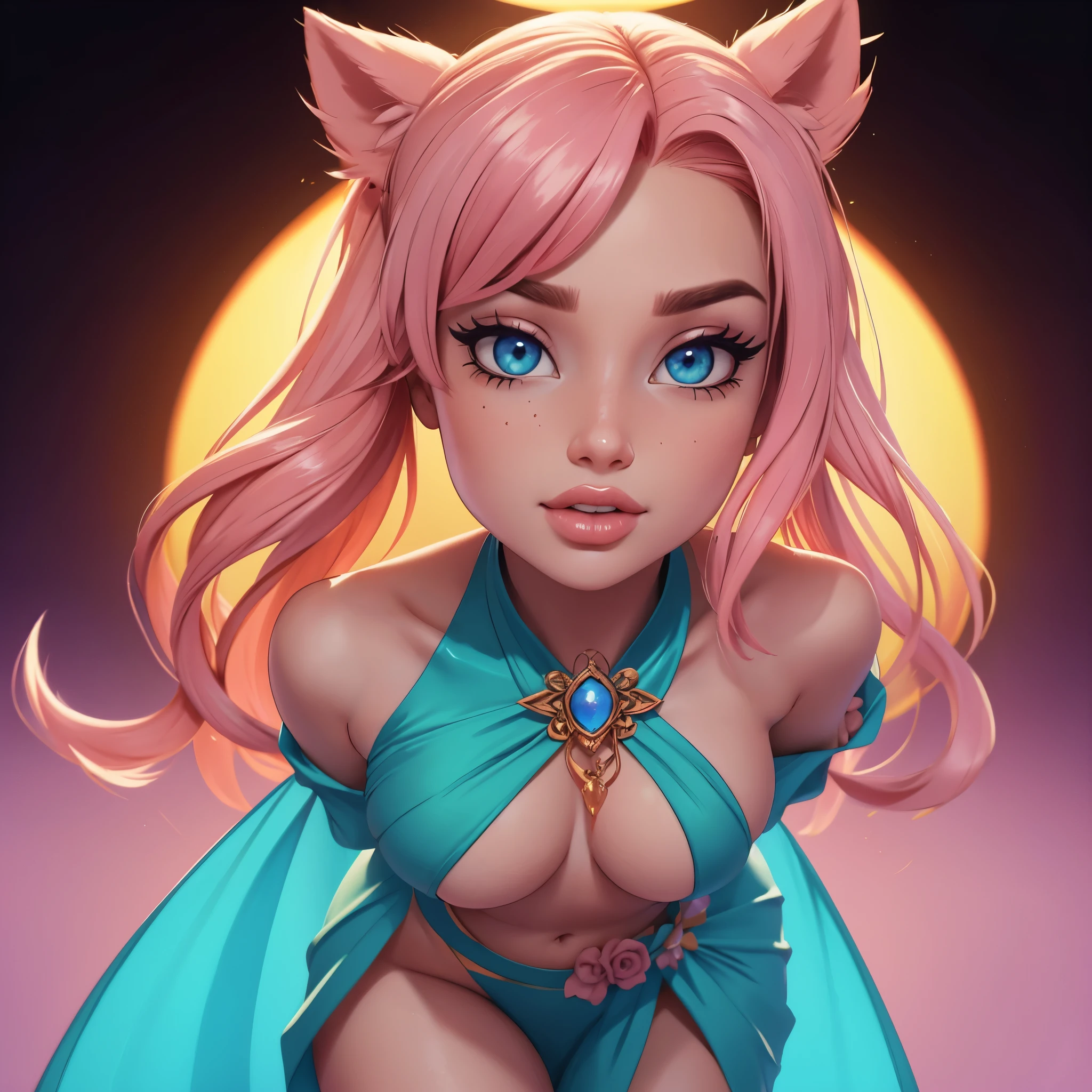 ultra real photo vibrant pastel colors illustration, joyful Kizuna AI, perfect hourglass figure, perky ?????, wearing a long dress, detailed ????, concept art, rule of thirds, insane details, intricate details, hyperdetailed, warm shot, by Carne Griffiths, soft orange-pink hair, blue pupils, ultra tight thigh-highs, ultra warm stage lights background, candy fashion, trending on artstation, 8k, perfect ???????, ultra soaked in milk skin, epic lighting, high contrast, ultra skin indentation, delicate, high quality, ultra real photo, intricate face, cute accessory, warm pastel background color, colorful, color grading, (ultra wide angle:1.5), depth of field, hyperdetailed, insane details, intricate details, (lut:1.5), art by (Oana Rinaldi:1.5),