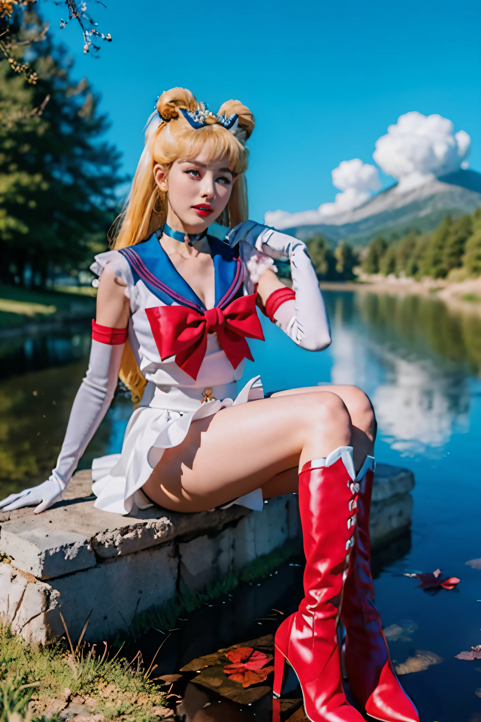 (8k, RAW photo, best quality, masterpiece:1.2), (ultra highres:1.0), detailed illustration, detailed, (realistic, photo-realistic:1.37), detailed beautiful skin, sailor moon, (1 girl: 1.2),(full body:1.2),(hand of Guido Daniele:1.2), slim body, cute, happy, long hair, long leg, cleavage,blue skirt,red bow,blue eyes,blond hair,twin tails,hair bun,hair ornament,blue sailor collar, red choker, red boots, high heels, sailor senshi uniform, white gloves,tiara,elbow gloves,pleated skirt,knee boots blue sky, beautiful sky, (scenery), lake, falling petals, falling leaves, cowboy shot, (ahegao :1.5)