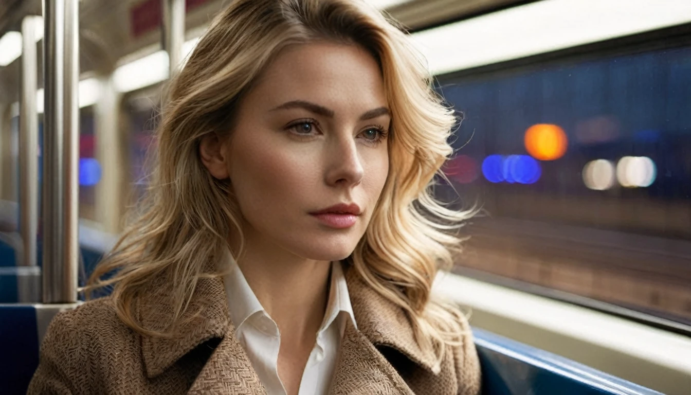 ((half body )) portrait photo of a beautiful 35 years old european woman sitting on a train which is travelling through in a megacity at night, (long wavy blonde hair blown in the wind), wearing beige colored coat with white blouse, Award - winning photograph, Masterpiece, 8k, ultra high res, hyper detailed, beautiful woman, perfect face, rule of thirds, highly detailed hair, ((detailed face)), ((detailed facial features)), (finely detailed skin), pale skin, intricate details, amazing fine detail, photorealistic, photograph, photorealism, rich colors, lifelike texture, neutral colors, Soft front light,cinematic lighting, dramatic lighting,dappled light on face, backlight on hair, sharp focus, wide angle, film grain, dslr, raw photo, photographed on Nikon