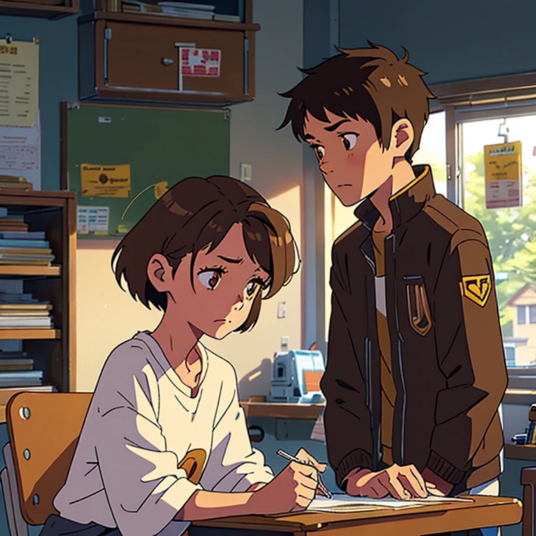 1 girl, medium hair, brown, light brown eyes, thin, wearing a , sitting in her chair, in a classroom decorating her table, Behind her, 1 boy, tall, short hair with a low fade, brown hair, with a low fade, light brown eyes, wearing a , sitting with a sad expression on his face
