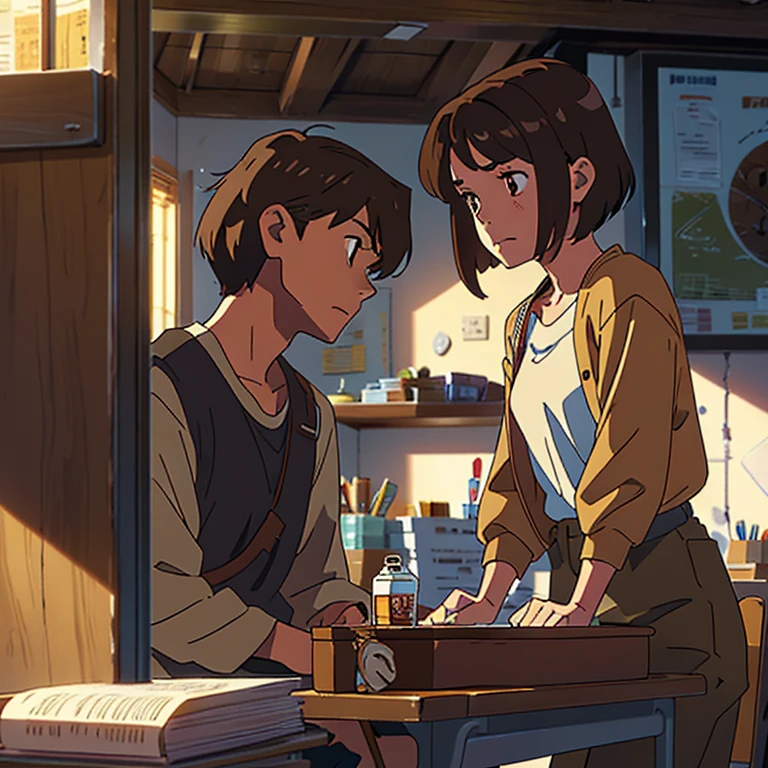 1 girl, medium hair, brown, light brown eyes, thin, wearing a , sitting in her chair, in a classroom decorating her table, Behind her, 1 boy, tall, short hair with a low fade, brown hair, with a low fade, light brown eyes, wearing a , sitting with a sad expression on his face
