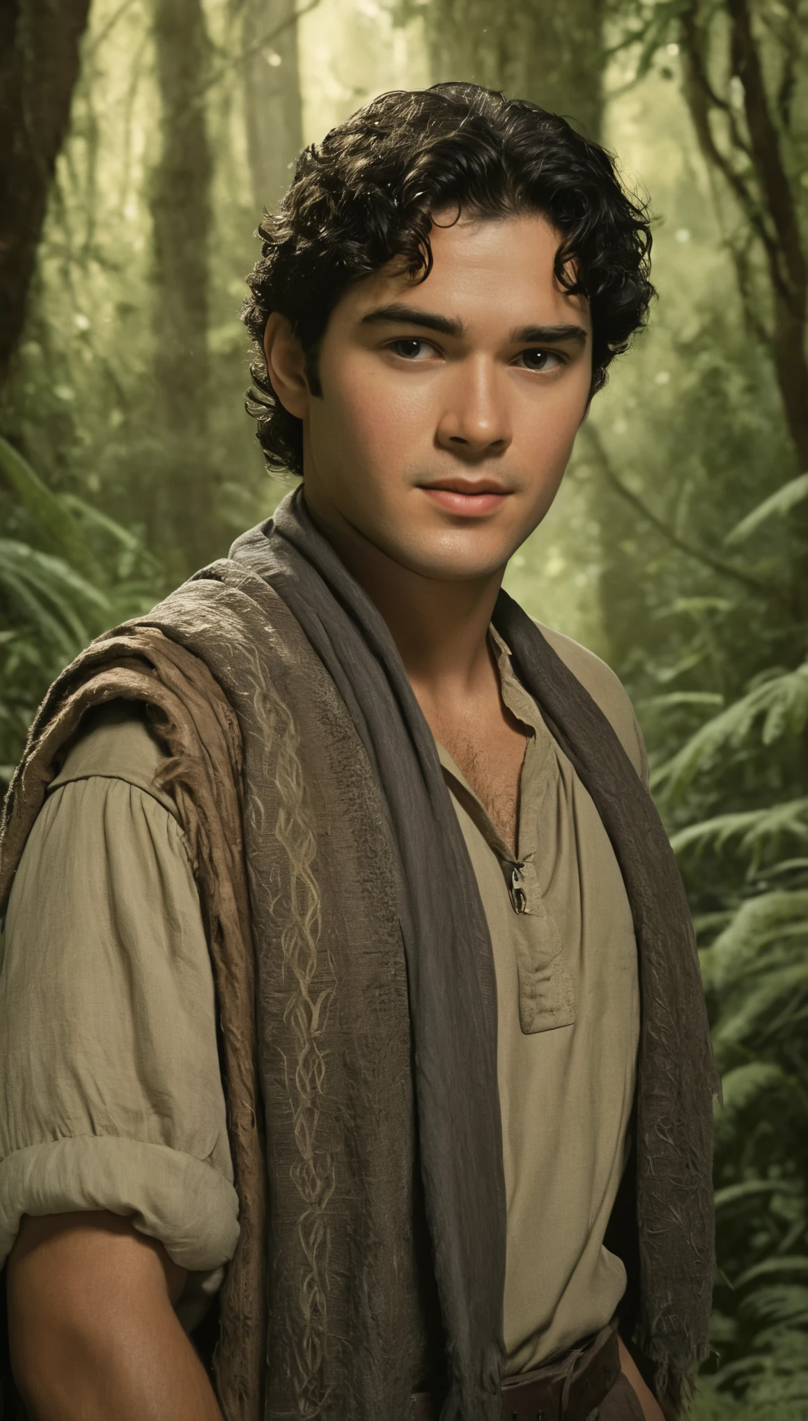 An illustrated movie poster, hand-drawn, full color, a male ranger, 22 years-old, resembles Dean Cain, wearing a linen tunic and a shemagh scarf, fair skin, stocky physique, deep brown eyes, wide bulbous nose, black hair, curly quiff, thick bushy eyebrows, extremely hairy chest, stomach, and arms, lots of body hair, posing on a rainforest nature trail, hard shadows, graphite shading, stencil markings, airbrushed acrylic paint, masterpiece, in the style of Lord of the Rings