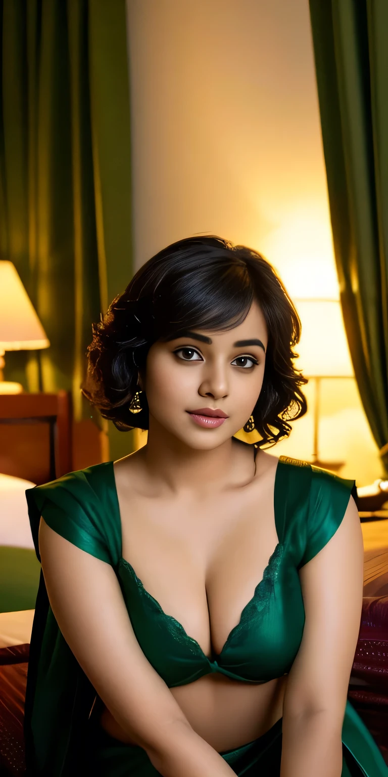 Beautiful young Indian voluptuous girl with pixie haircut in beautiful dark green saree romantic poses 8k hyperrealstic full detailed hotel room background sitting on bed, her saree is dropped showing slight glimpse of her small cleavage and blouse. She is writing in her notebook