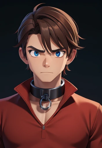 Concept ART,Human Male, Brown hair, wearing red shirt, wearing big metal Collar , Black pupils, 