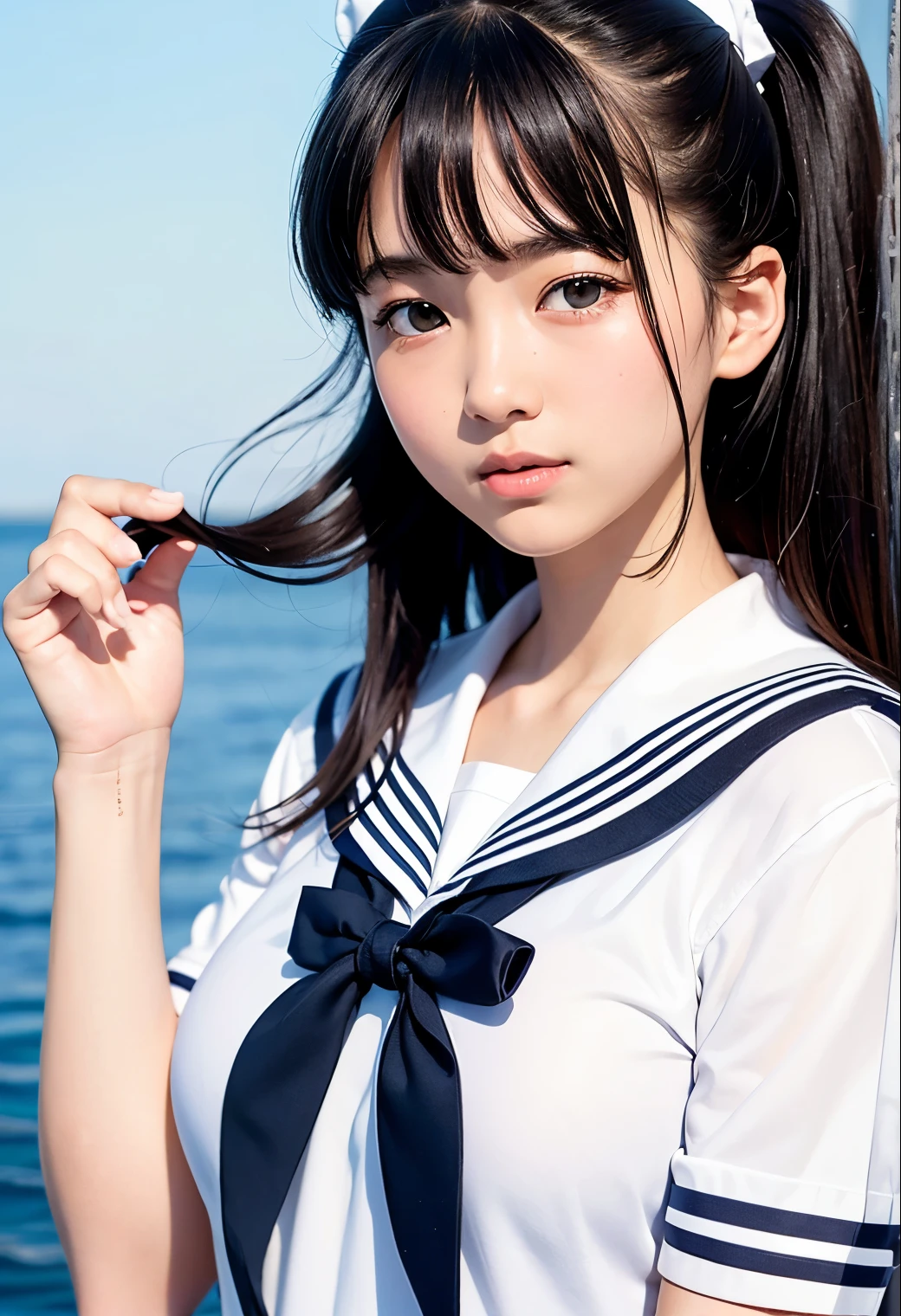 (highest quality,masterpiece:1.3,Ultra-high resolution),(Very detailed、Caustics) (Realistic:1.4, RAW shooting、)Ultra-Realistic Capture、Very detailed、Natural skin texture、masterpiece、(junior high school sailor suit:1.3)、Short-sleeved sailor uniform、1 Japanese girl、Adorable expression、Expressions of Happiness、14 years old、Young Face、Amazingly cute、Twin tails、Curly Hair、Black Hair、Scrunchie、light makeup、Big breasts like them&#39;It&#39;s about to explode、Bare arms、This photo was taken in a middle school classroom..、Shining thighs、Shooting from the side、smile、Don&#39;Don&#39;t show your bottom teeth、An inviting gaze、The exact number of fingers on each hand、