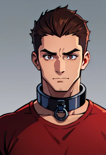 Concept ART,Human Male, Brown hair, wearing red t-shirt shirt, wearing big metal Collar , Black pupils, 