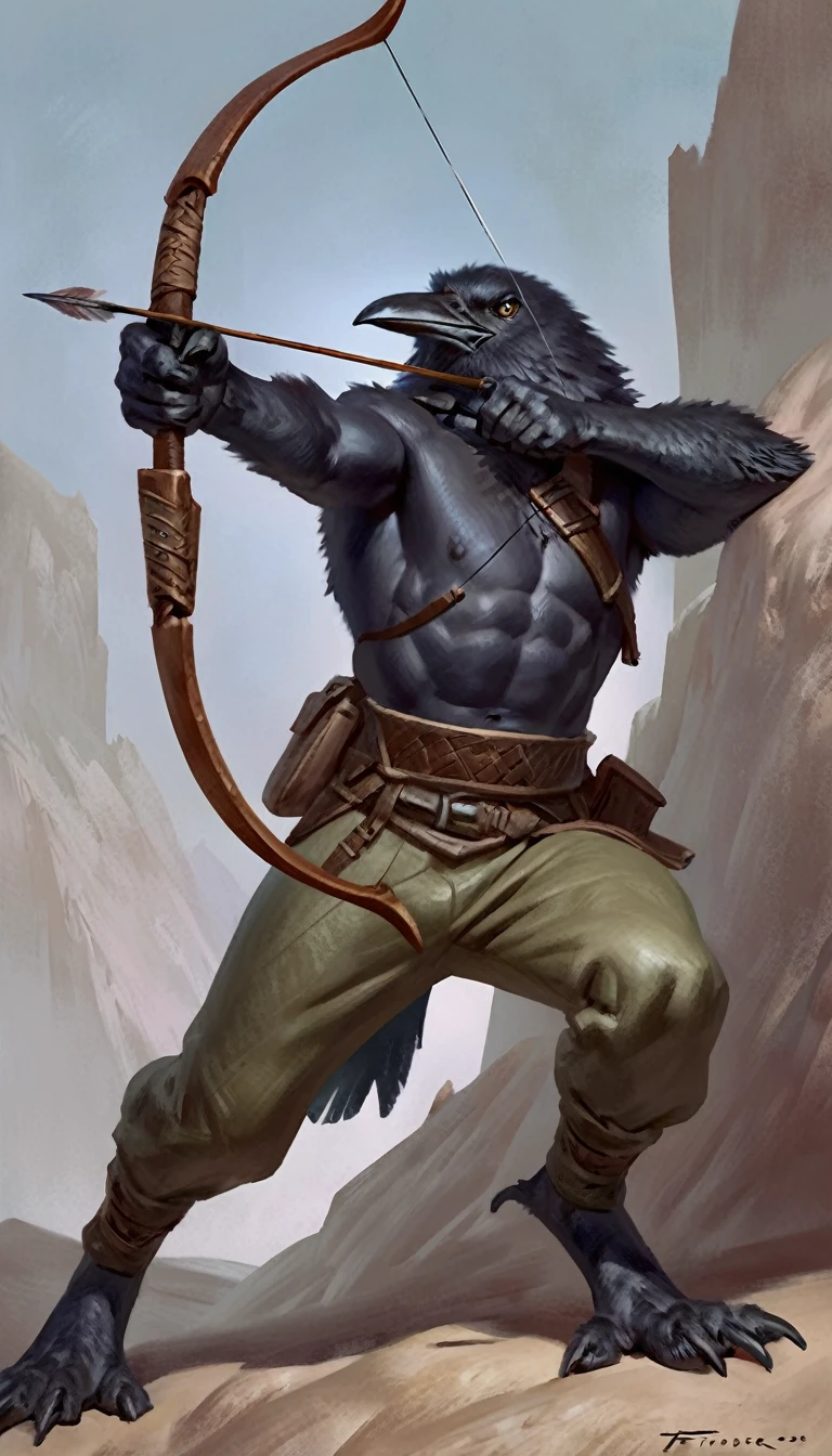 Anthro male crow aiming a bow, solo, masterpiece, best art, full body, by taran fiddler, detailed eyes, detailed body, claws, tall, topless, pecs, abs, nipples, pauldrons, armored pants, chest belt, archer outfit, arrow, quiver, drawn bowstring, expressive eyes, dynamic action