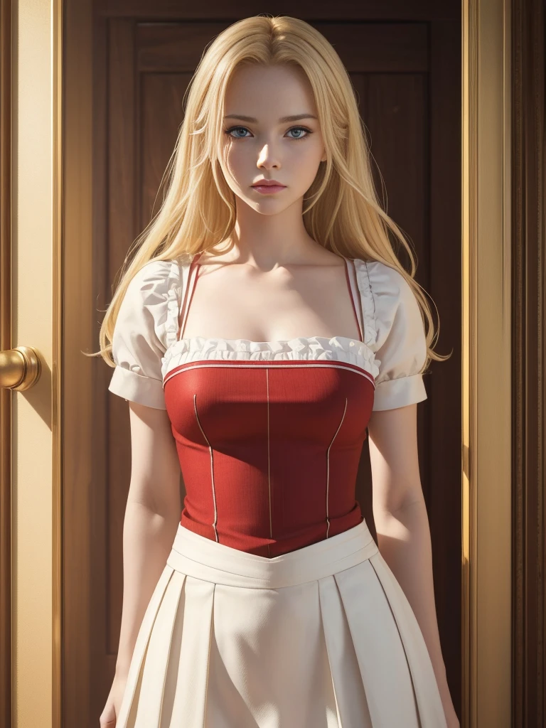 (Best Highest Quality, 8K, High Resolution, Masterpiece:1.2), Ultra Detailed, Extremely Fine, (Realistic, Photo Realistic:1.37), Make a Character named Cora, perfectly beautiful, blonde hair, red pupils, wears white and gold top with red lines, wears white and gold skirt with red lines, tiny girl, 150 cm height.
