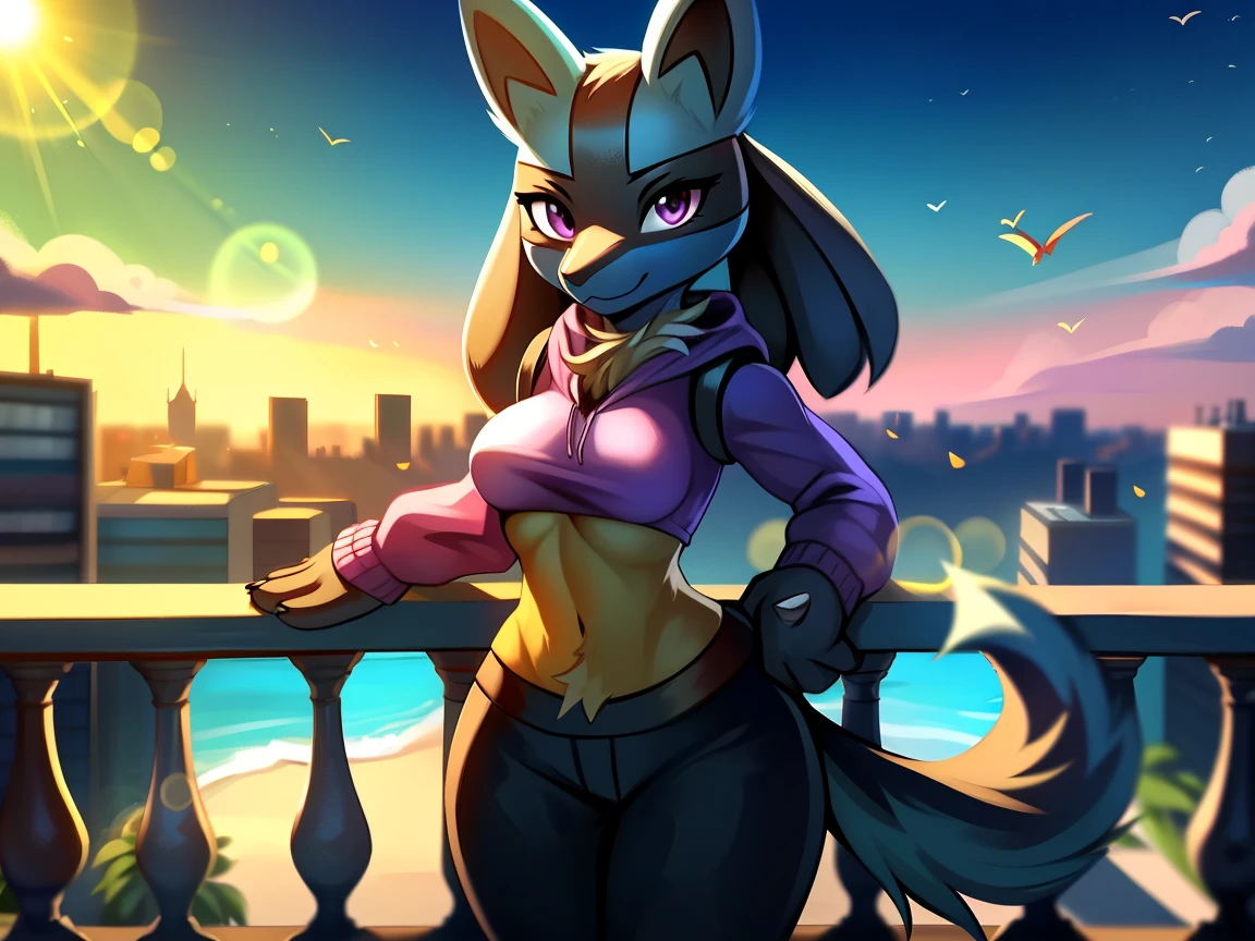 ((lucario)), ((solo)) wolf, blue fur, spikes, breasts, purple hoodie, black pants, looking at viewer, potted plants, decorations, standing, up close, on balcony, city view, blue sky, sun, sunny day, lens flare, Very good figure, cinematic lighting, volume lighting, masterpiece, best quality