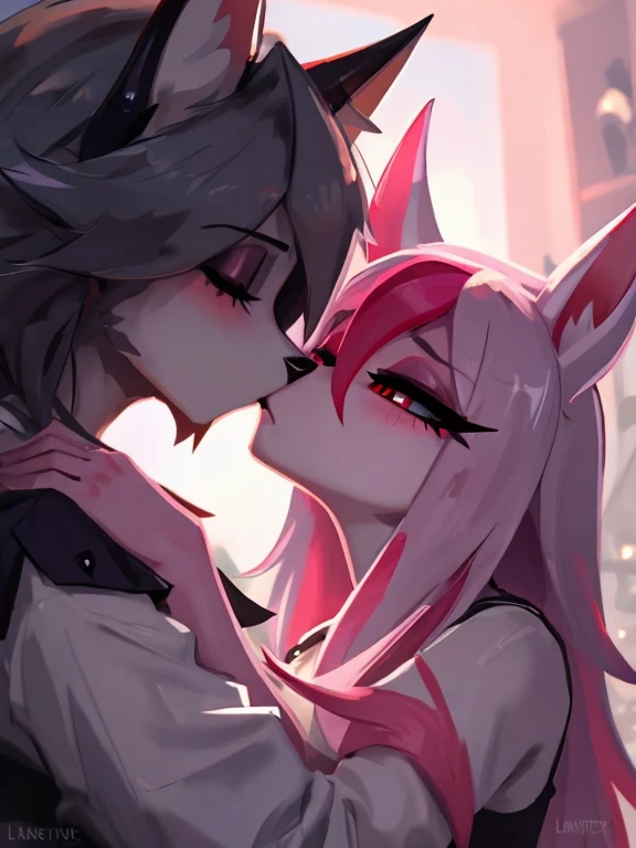Art by lewdzure, Nazuna Hiwatashi, loona helluva boss, kissing, cinamatic lighting, 4k, detailed, masterpiece,pantalla completa, cuerpos completos.