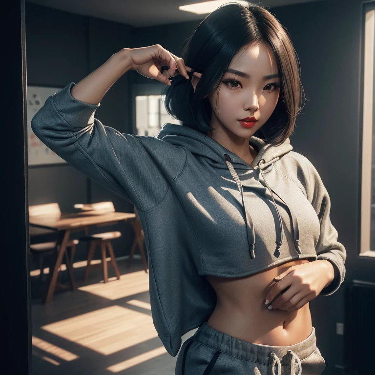 1 girl, beautiful Korean girl, (Cute Loose Bob hair), (wearing a cropped hoodie, capri sweatpants:1.5), (red lips:1.3), (small breasts:1.3), (toned stomach:1.3), (eyelashes:1.2), (aegyo sal:1.2), beautiful detailed eyes, symmetrical eyes, (detailed face), dramatic lighting, (photorealism:1.5), (photorealistic:1.4), (8k, RAW photo, masterpiece), High detail RAW color photo, professional photo, realistic, (highest quality), (best shadow), (best illustration), ultra high resolution, highly detailed CG unified 8K wallpapers, physics-based rendering, photo, realistic, realism, high contrast, hyperrealism, photography, f1. 6 lens, rich colors, hyper-realistic lifelike texture, cinestill 800, (Masterpiece:1.3), (best quality:1.3),