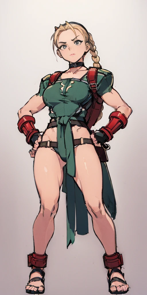 ((Plain background 1:2)) (Cammy White Street Fighter 6) full body, whole body. 1solo (girl). slave fighter, loincloth standing, hands on hips full body, whole body. 1solo (girl). slave fighter, loincloth standing, hands on hips, metal sandals, backpack, choker, big belt, view from below, feet together, bracers, tiara