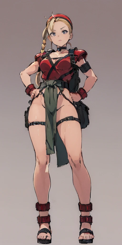 ((Plain background 1:2)) (Cammy White Street Fighter 6) full body, whole body. 1solo (girl). slave fighter, loincloth standing, hands on hips full body, whole body. 1solo (girl). slave fighter, loincloth standing, hands on hips, metal sandals, backpack, choker, big belt, view from below, feet together, bracers, tiara