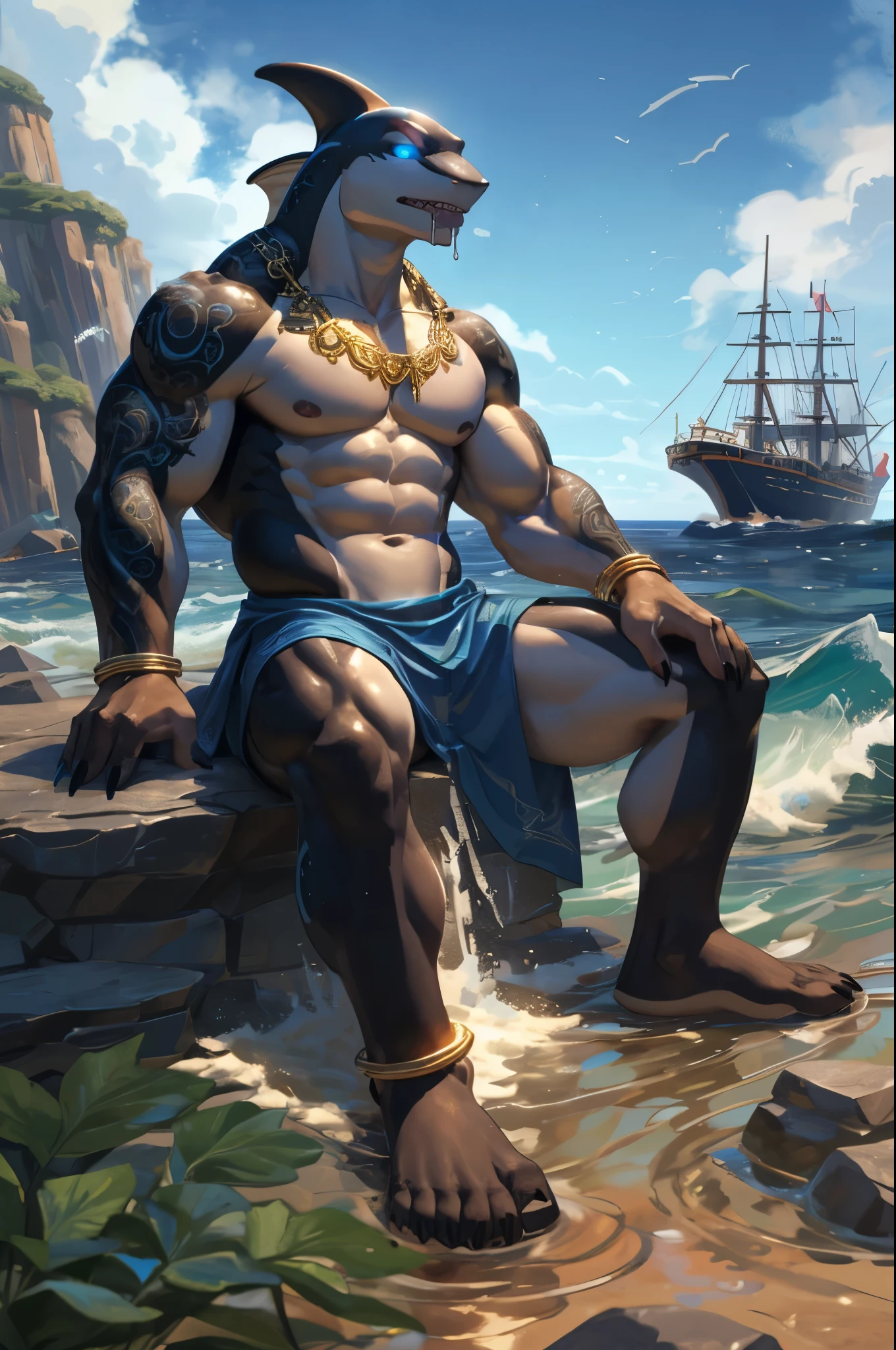 (((Barefoot furry character, full body, cinematic setting, furry male, plantigrade, wears wide gold anklets))) 

(((Poseidon))) embodied as a powerful orca anthro with sleek black and white markings, sporting a trident tattoo on his bicep. He has a muscular physique and deep sea-blue eyes. Poseidon sits barefoot on a rocky shore, showing soles, waves crashing around him. The background features a vast ocean horizon dotted with ships and sea creatures. His attribute, the trident, is held firmly in one hand. (((hypnotised, drooling, glowing eyes)))

BREAK, detailed background, 8K, (masterpiece:1.5), intricate details, highly detailed, extreme detail, octane render, fine art, best quality, highres, (detailed face:1.5), ((full_body)), UHD, (((perfect hands))), low light