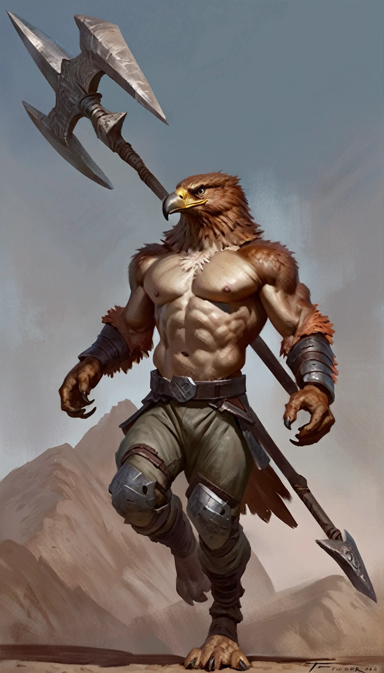 Anthro male eagle wielding a halberd, solo, masterpiece, best art, full body, by taran fiddler, detailed eyes, detailed body, claws, tall, topless, pecs, abs, nipples, pauldrons, armored pants, chest belt, warrior, expressive eyes, dynamic action