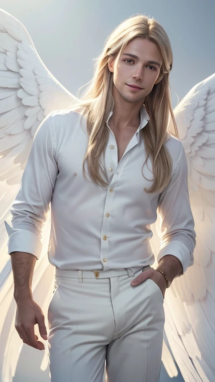 (best quality,4k,8k,highres,masterpiece:1.2),ultra-detailed,(realistic,photorealistic,photo-realistic:1.37),Angelic man,white wings,white buttoned shirt and pants,clothes,white long hair,Kind smile,golden halo,soft ethereal lighting,vivid colors,subtle pastel palette,portrait style,serene atmosphere
