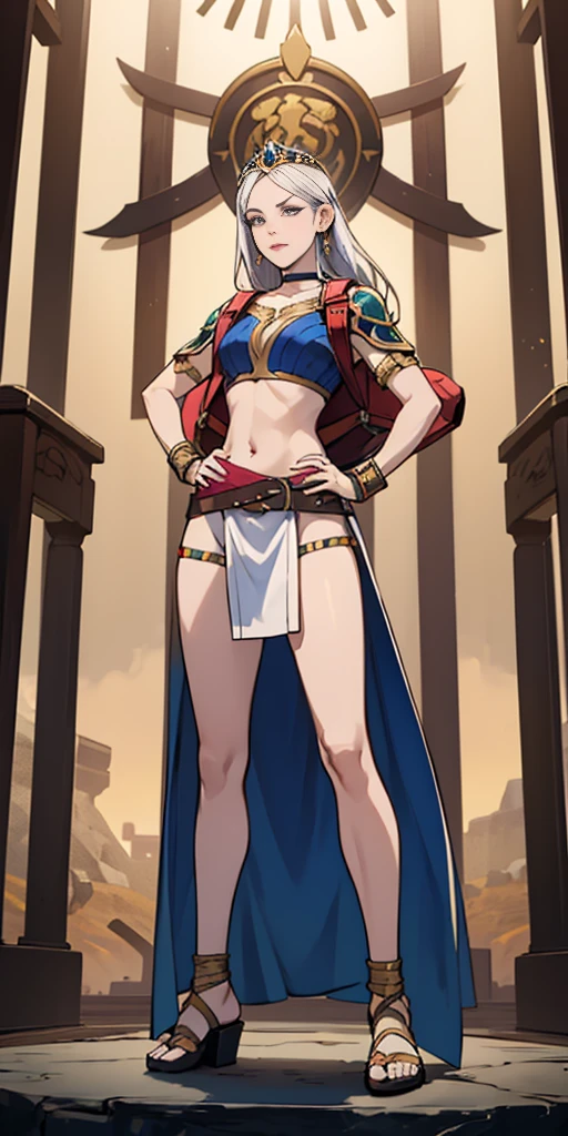 full body, whole body. 1solo (girl). slave fighter, loincloth standing, hands on hips full body, whole body. 1solo (girl). slave fighter, loincloth standing, hands on hips, metal sandals, backpack, choker, big belt, view from below, feet together, bracers, tiara