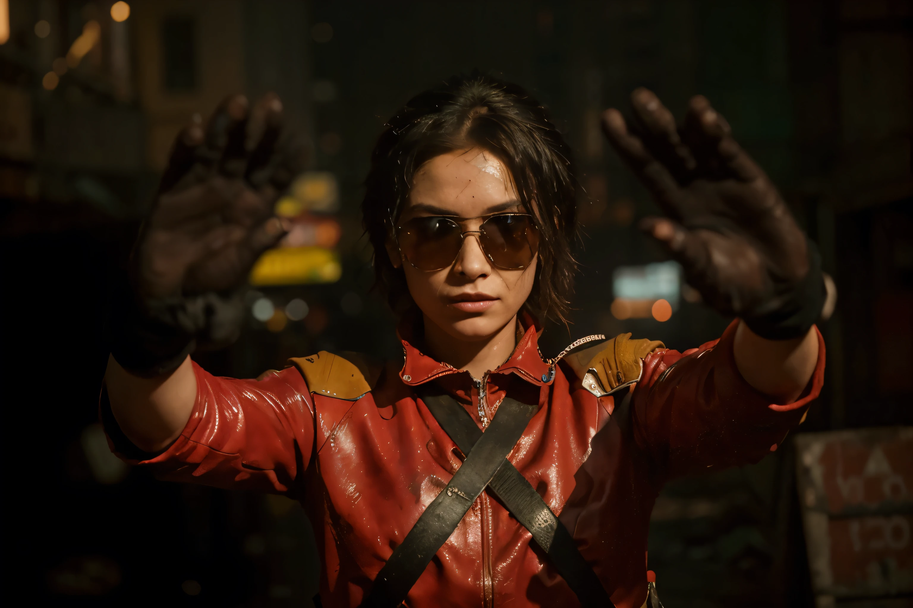 (Best quality, 8k, 32k, Masterpiece, UHD:1.2) Transform the scene into the dystopian metropolis of Neo-Tokyo from the iconic Akira movie. Envision towering skyscrapers stretching into the smog-filled sky, their neon signs casting an eerie glow over the bustling streets below. Capture the chaotic energy of the city, with throngs of people navigating through crowded alleys and busy intersections. Depict the gritty urban landscape, characterized by decaying infrastructure and graffiti-covered buildings. Incorporate futuristic elements such as hover vehicles and advanced technology, juxtaposed against the city's rundown facade. Let the atmosphere crackle with tension and uncertainty, hinting at the underlying turmoil and unrest simmering beneath the surface.