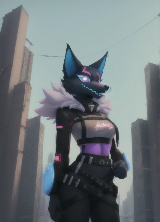 highwire, furry female anthro, wolf girl, standing, portrait, tranquil, solo, (body fur:1.2), (best quality), (cyberpunk city background:1.2), medium breasts, dramatic lighting, detailed fluffy fur, looking at viewer, detailed fluffy fur, crop top, 