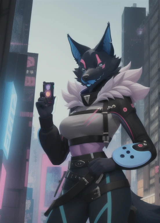 highwire, furry female anthro, wolf girl, standing, portrait, tranquil, solo, (body fur:1.2), (best quality), (cyberpunk city background:1.2), medium breasts, dramatic lighting, detailed fluffy fur, looking at viewer, detailed fluffy fur, crop top, 