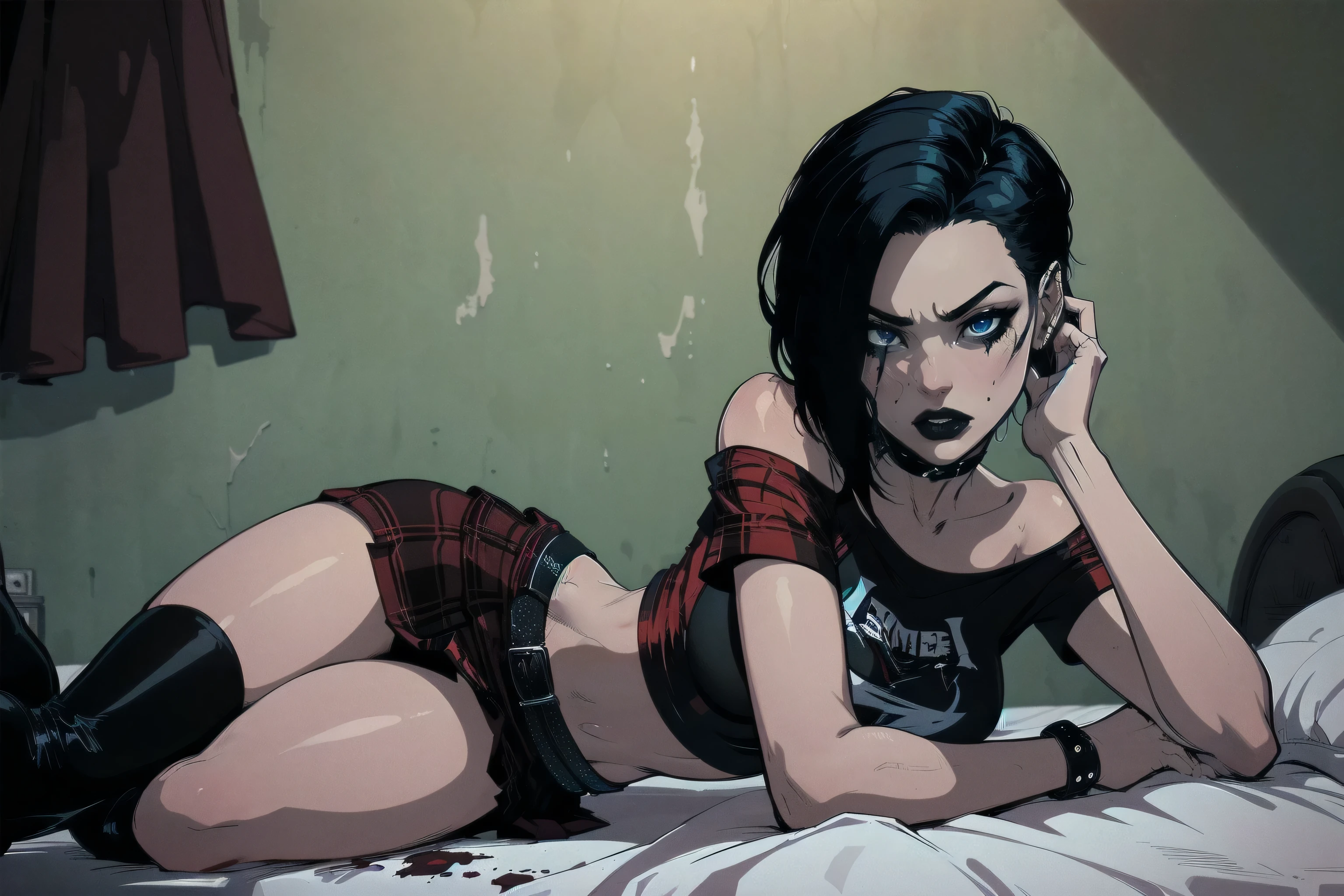 a woman with short black hair, hair on shoulders,  wearing a red t-shirt  and plaid skirt, blue eyes, zombie art, gothic art, cute aesthetic with vibe, toon aesthetic, wearing red costume, wearing gothic accessories, Cassie Hack, laying on the bed, horror background