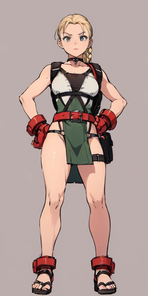 ((Plain background 1:2)) (Cammy White Street Fighter 6) full body, whole body. 1solo (girl). slave fighter, loincloth standing, hands on hips full body ((hands on hips)), whole body. 1solo (girl). slave fighter, loincloth standing, hands on hips, metal sandals, backpack, choker, big belt, view from below, feet together, bracers, tiara