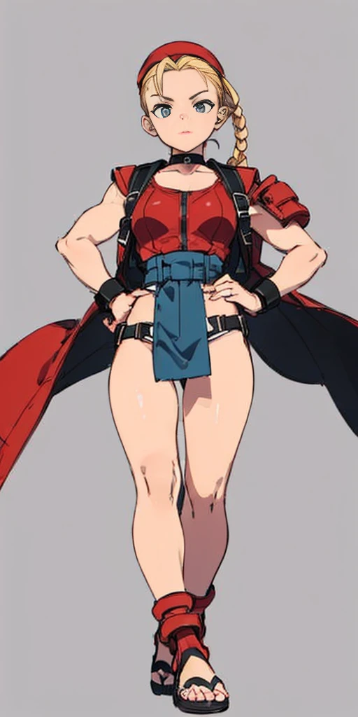 full body, whole body. 1solo (girl). slave fighter, loincloth standing, hands on hips, metal sandals, backpack, choker, big belt, view from below, feet together, bracers, tiara
