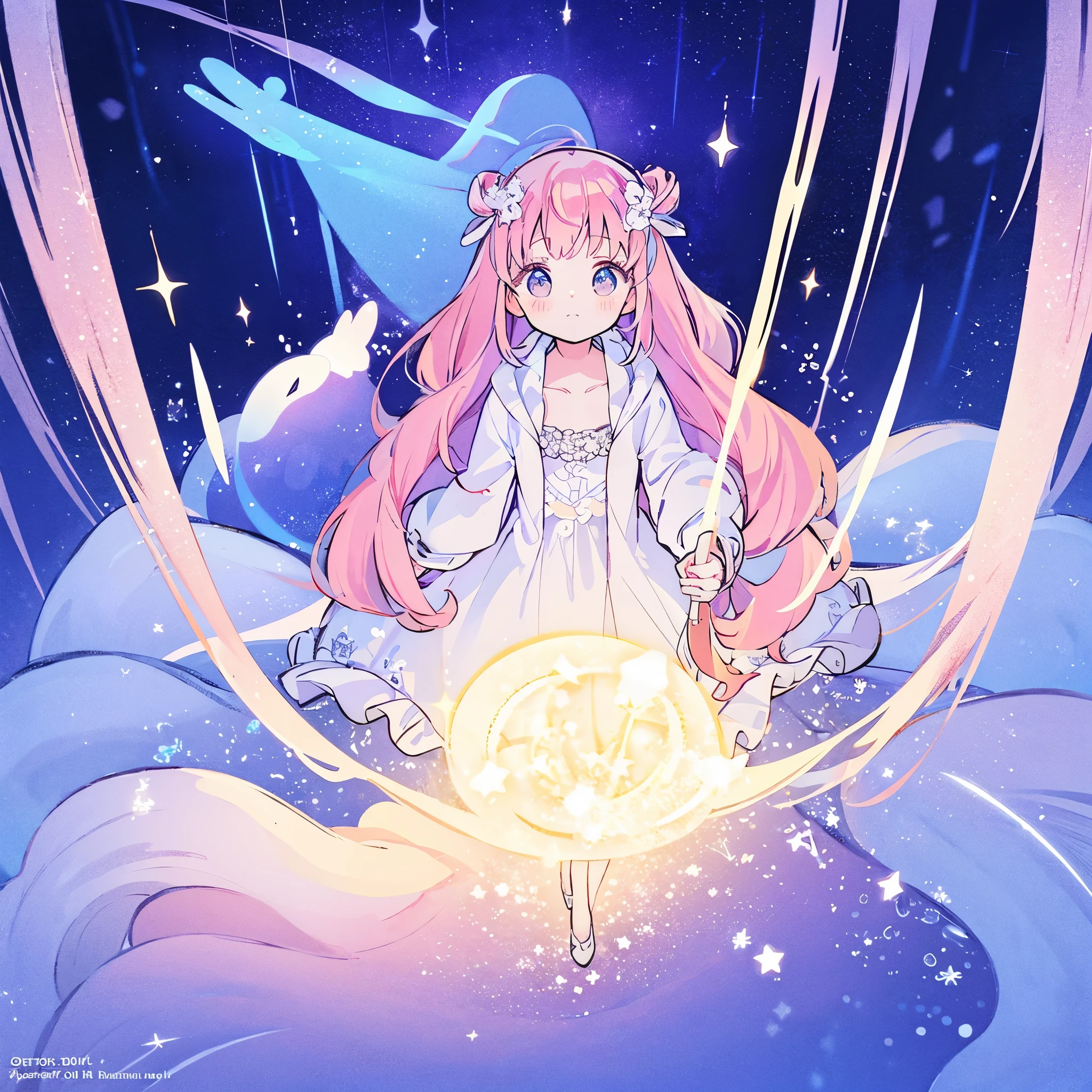 complex background, wishing star background, a woman wearing an ethereal mystical pink translucent dress that reflects the stars, perfume promo art, mystic, complex drawing, highly detailed, Covergirl brand, promo art, artistic rendition, ethereal, starry night, midjourney style