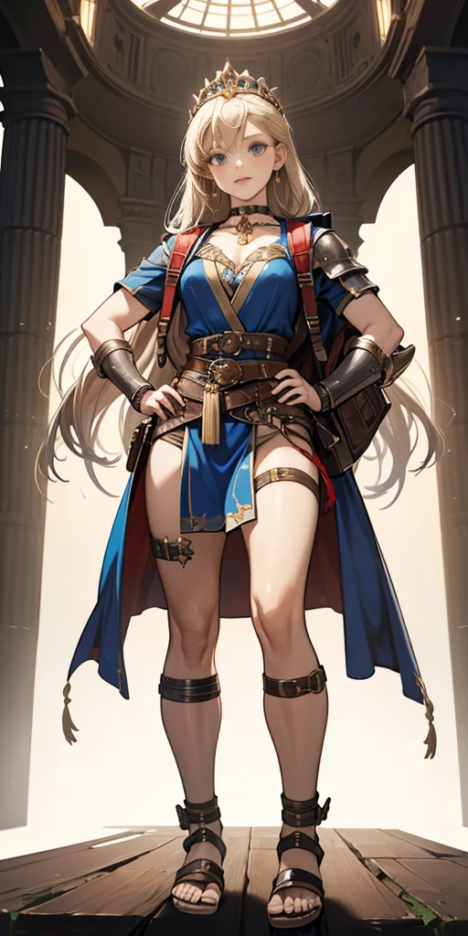 full body, whole body. 1solo (girl). slave fighter, loincloth standing, hands on hips full body, whole body. 1solo (girl). slave fighter, loincloth standing, hands on hips, metal sandals, backpack, choker, big belt, view from below, feet together, bracers, tiara