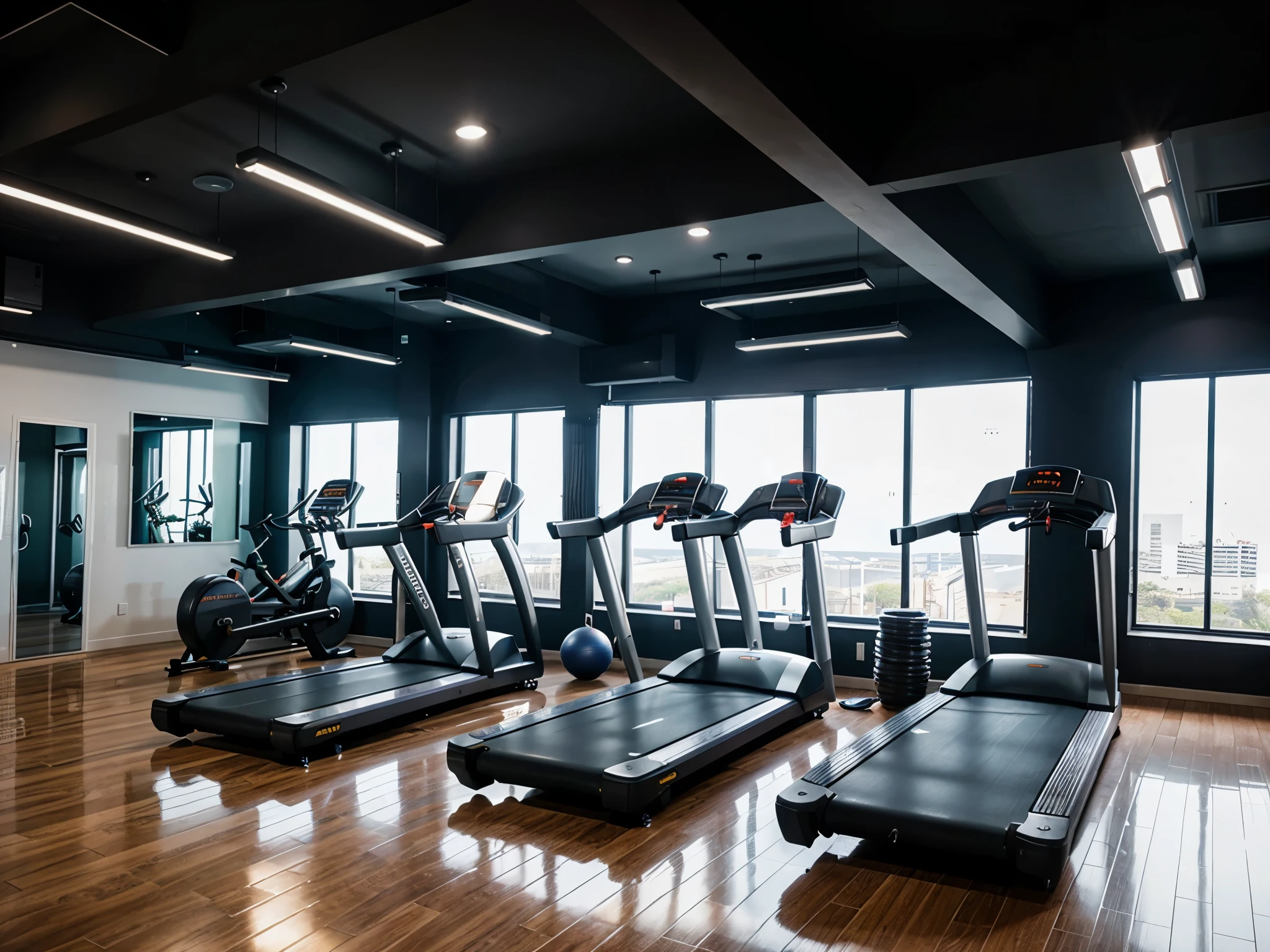 a spacious gym, with weight machines in the background, ambiente iluminado, very realistic sharp image
