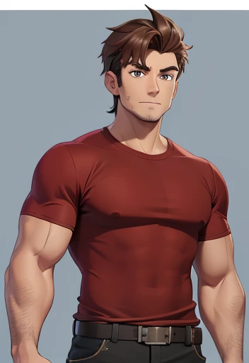 Concept ART,Human Male, Brown hair, wearing red t-shirt shirt, wearing big metal Collie ,