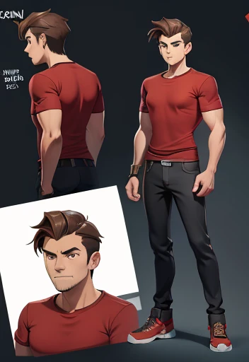 Concept ART,Human Male, Brown hair, wearing red t-shirt shirt, wearing big metal Collie ,