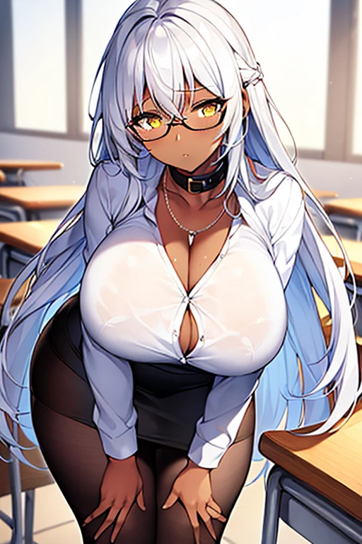 1girl, dark skin, dark-skinned female, white hair, long hair, yellow eyes, glasses, teacher, ???????, ????????????, ((????????????)), thick thighs, wide ????, hourglass figure, pantyhose, black pantyhose, pencil skirt, white shirt, shirt, skirt, classroom, ?????????, hands down, ?????????, mature female, milf, ((?????????)), necklace, collar