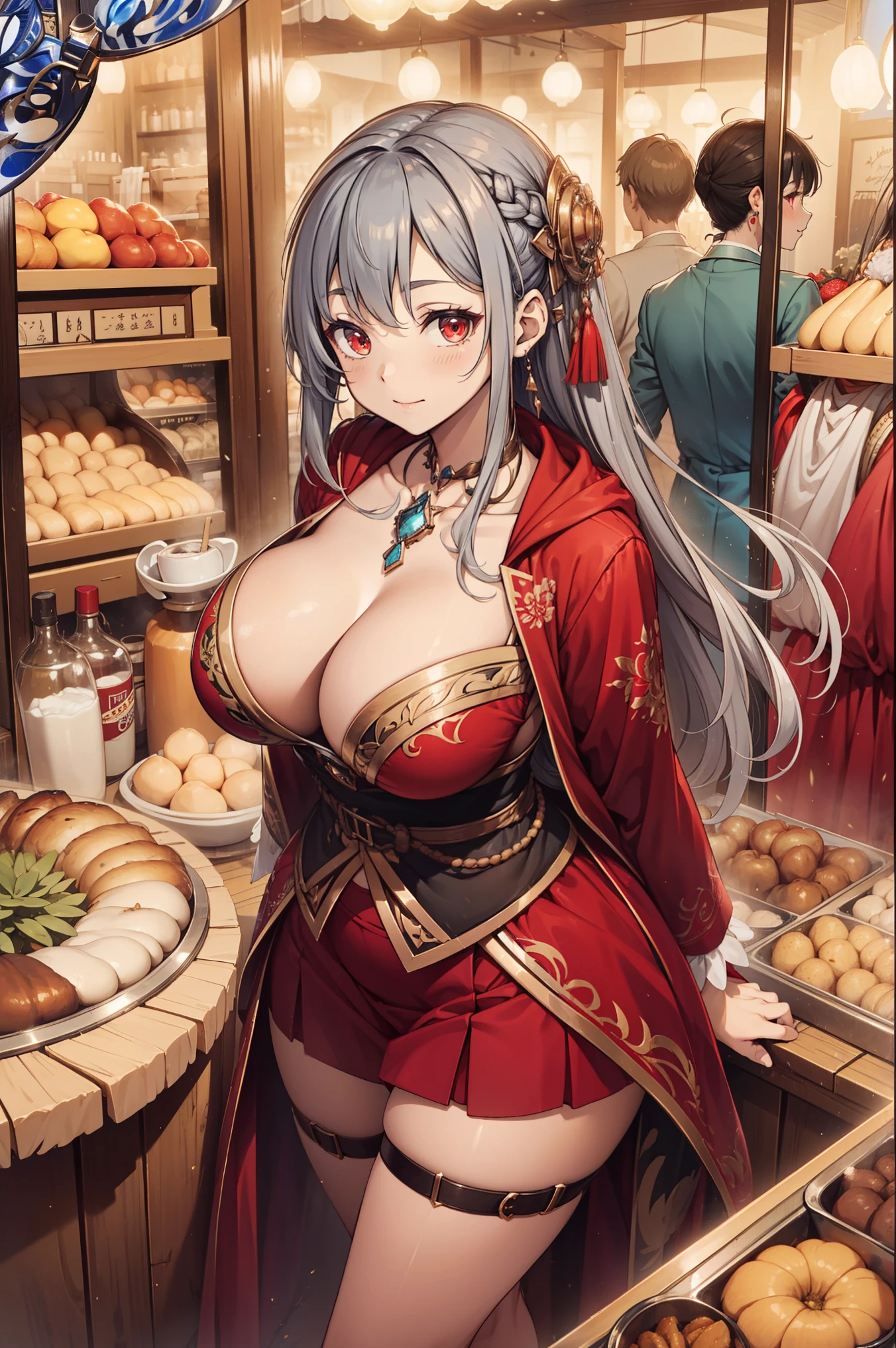 (Best quality, A high resolution, Textured skin, High quality, High details, High details,Extremely detailed CG unity), (female) Enchanted,having fun,Being in love,merchant in fantasy world, grey hair, red eyes, long hair, hair decoration, wearing hood, wearing suit jacket, mini skirt, exquisite costumeature, adult body, huge breasts, solo person,fancy dress, Dazzle, woman, beautiful, (in marketplace), (in bazaar), detailed scene, luxurious marketplace, customers