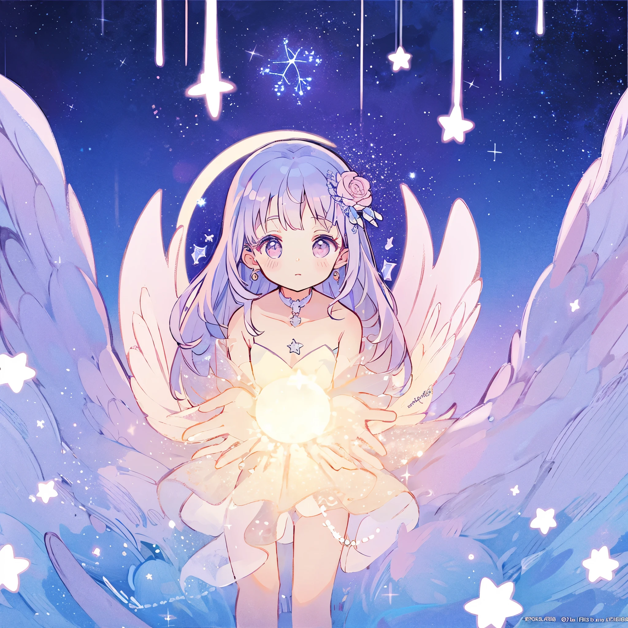 nude angel girl wearing an ethereal translucent dress, pale skin, ((wavy gradient blue purple hair)), white feathers, angel wings, sparkling detailed eyes, golden ratio face, perfect composition, highly detailed, ethereal, (starry night sky background), midjourney style