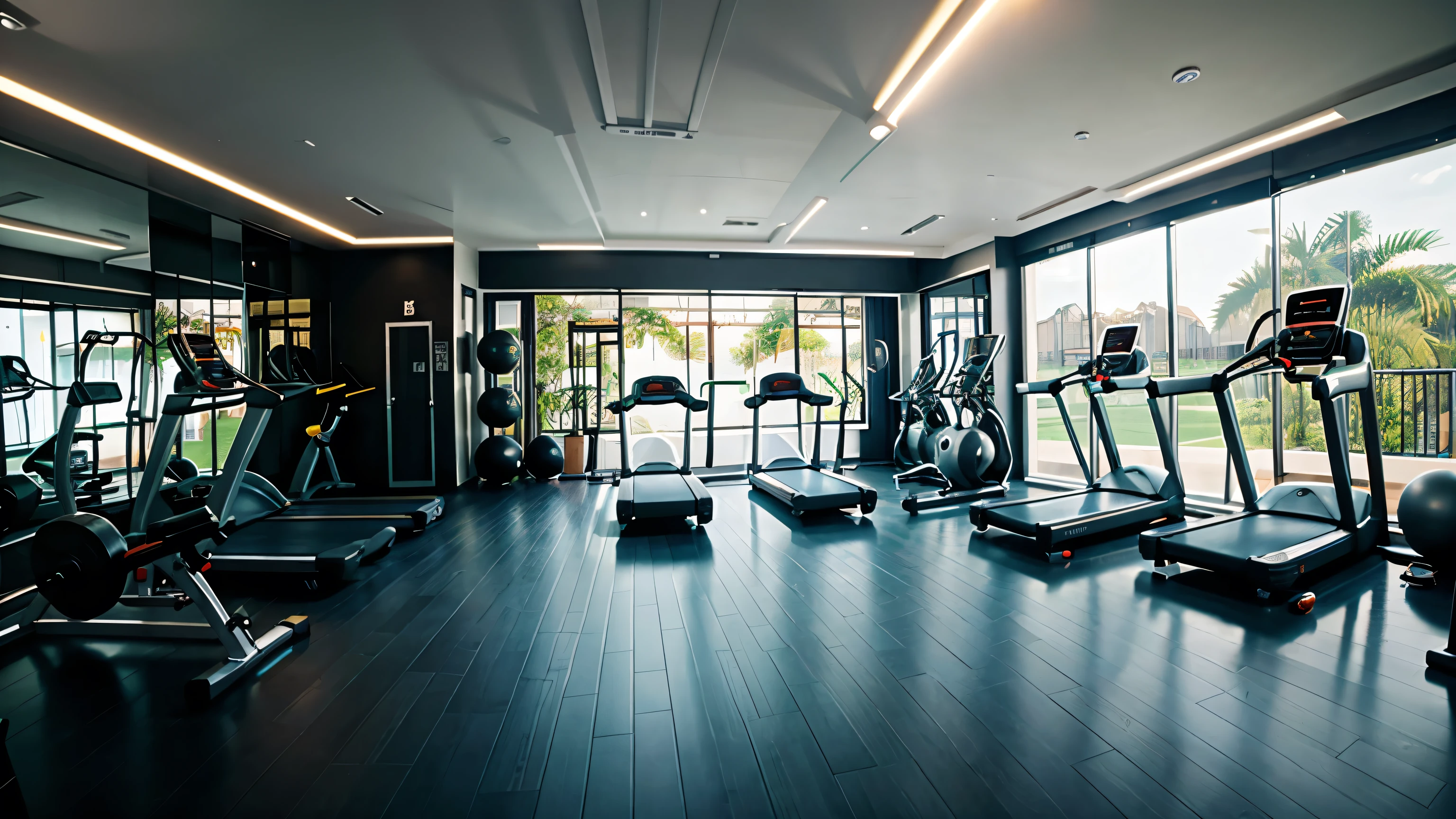 a spacious gym, with weight machines in the background, ambiente iluminado, very realistic sharp image