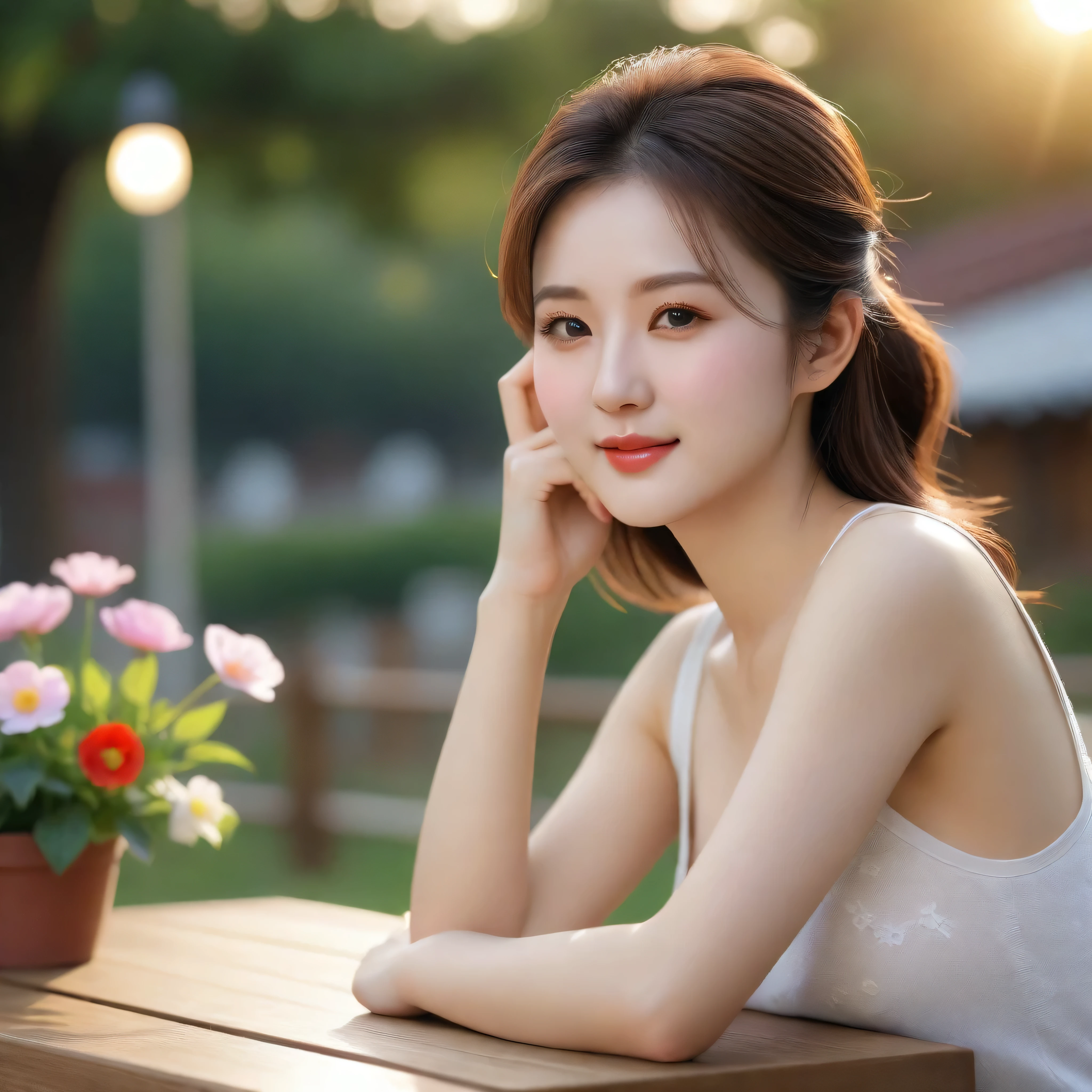 Ultra Realistic, Masterpiece, 8K, UHD, of beautiful korean female, 34 inch breasts size, slightly smile , wearing tank top, rest one's chin on one hand, at wooden table, bokeh background , garden, park, sunset, flowers, south korean flag