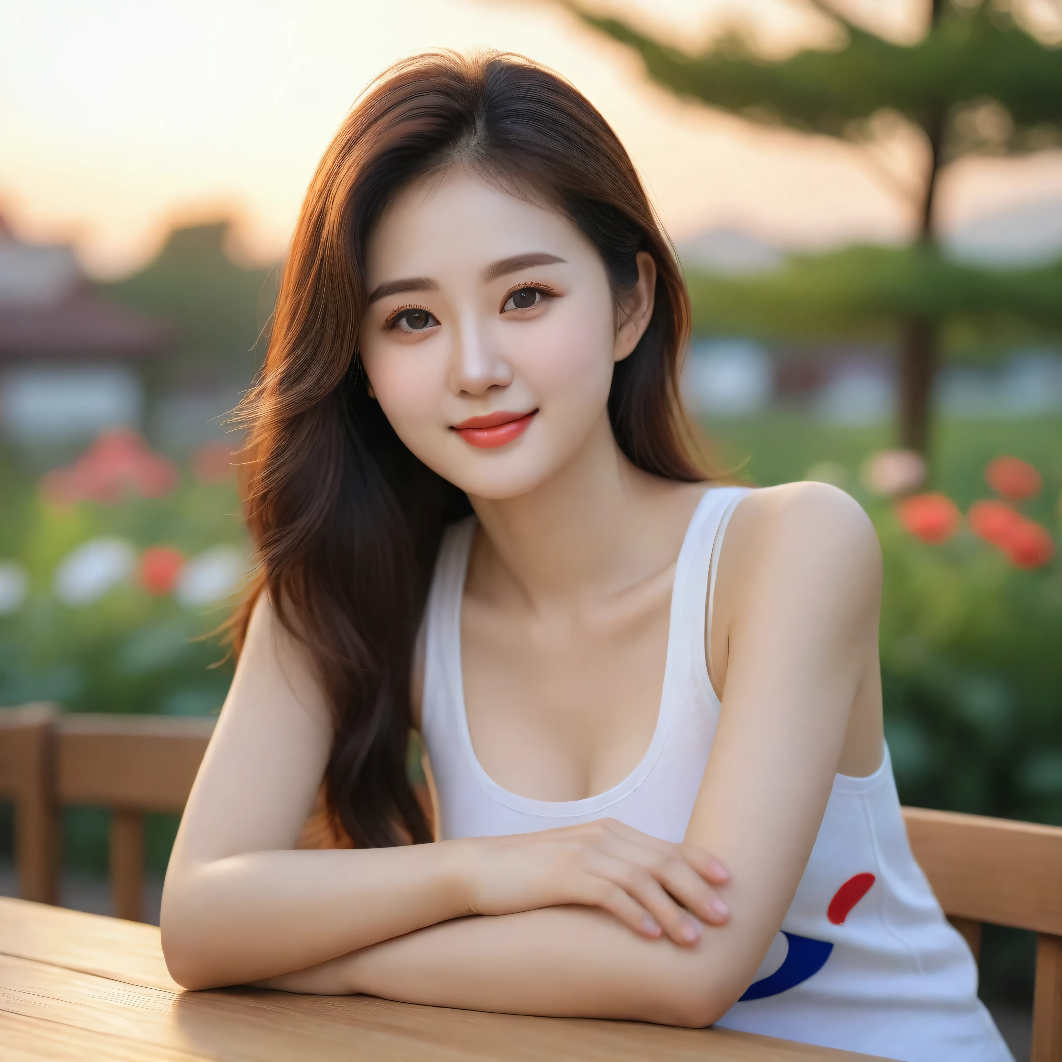 Ultra Realistic, Masterpiece, 8K, UHD, of beautiful korean female, 34 inch breasts size, slightly smile , wearing tank top, rest one's chin on one hand, at wooden table, bokeh background , garden, park, sunset, flowers, south korean flag