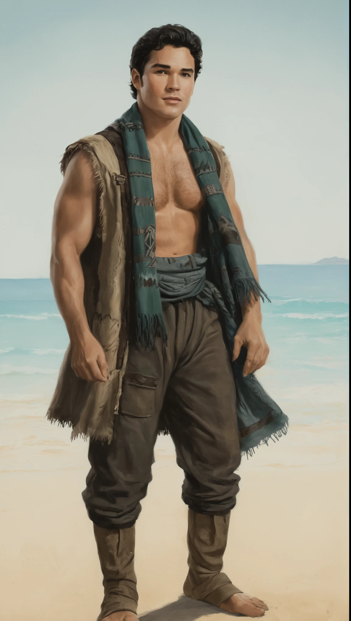 An illustrated movie poster, hand-drawn, full color, a male ranger, 25 years-old, resembles Dean Cain, wearing patchwork trousers and a shemagh scarf, fair skin, stocky physique, deep brown eyes, wide bulbous nose, black hair, curly quiff, thick bushy eyebrows, extremely hairy chest, stomach, and arms, lots of body hair, posing on a tropical beach, hard shadows, graphite shading, stencil markings, airbrushed acrylic paint, masterpiece, in the style of Lord of the Rings